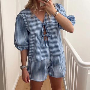 Kvinnors träningsdräkter Combhasaki Y2k Kawaii Plaid sätter kort puffhylsa Bow Knot Tie-up V Neck Skjorta Elastiska midja Shorts Summer Loose Outfit