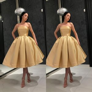 Designer Gold Simple Prom Dresses Cocktail Dresses Ball Gown Strapless Backless Special Occasion Formal Evening Pageant Party Dress 254f