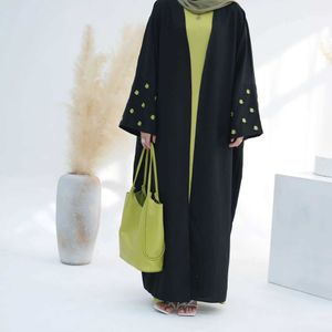 Etnik Giyim 2024 Ramazan Müslüman Kadınlar Abayas Dört Yaprak Yonca Nakış Batwing Slve Sıradan Açık Kimono Dubai Türk Kaftan Eid Siyah T240510