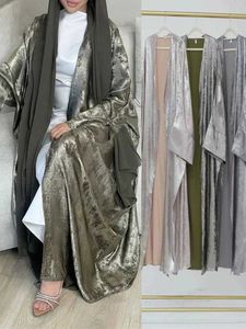 Etniska kläder Ramadan Eid Shiny Batwing Satin Open Kimono Abaya Dubai Luxury 2024 Muslim Abayas For Women Kaftan Dress Islamic Clothing Femme T240510