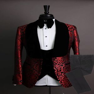 Niestandardowe grafiki szal Velvet Lapel Groom Tuxedos Czerwone i czarne mężczyzn garnitury Wedding Best Man Blazer Kurtka Kamizelki L608 278p