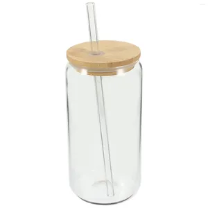 Copos de vinho tampa de bambu bebe canecas de água canecas de vidro com tampas de aula de palha com palha de palha
