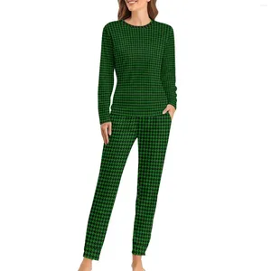 Women's Sleepwear Houndstooth Print Pajamas Green And Black 2 Pieces Casual Pajama Set Women Long Sleeve Trendy Oversized Home Suit