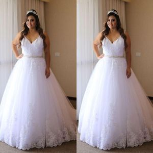 2022 Lace Plus Size Wedding Dress Ball Gown V-neck Spaghetti Applique Beaded Waist Bridal Party Dress Wedding Gowns Vestidos De Novia 3005