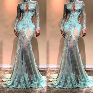 Hohe Nacken Luxus Voller Spitzenperlen Meerjungfrau Abendkleider Dubai durch Illusion High Split Formal Prom Cutaway Side Celebrity Gown 271W