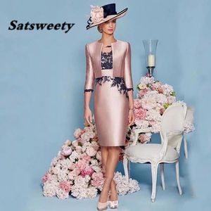 2022 Pink Satin Mother Of the Bride Groom Dresses 2 Pieces With Jacket Lace Knee-length Formal Evening Party Gowns 218s