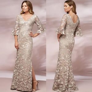 Champagne Mermaid Lace Mother Of The Bride Dresses V Neck Long Sleeves Evening Gowns Floor Length Plus Size Side Split Wedding Guest Dr 255o