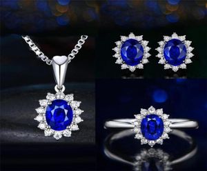 새로운 도착 Saprkling Luxury Jewelry Set 925 Sterling Silver Oval Cut Blue Sapphire CZ Diamond Womending Earring Ring Ring Necklace8768983