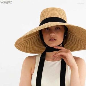 Wide Brim Hats European American Big Flat Top Handmade Raffia Straw Hat for Women Outdoor Casual Beach Vacation Cape