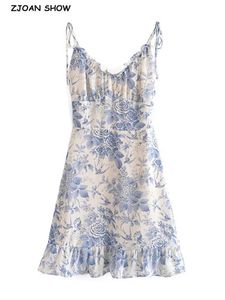 Grundläggande casual klänningar Retro French Summer Blue and White Flower Swallow Print Ruffled Bandage Mini Dress Sexig Ruffled Hem Lace Slingl2405