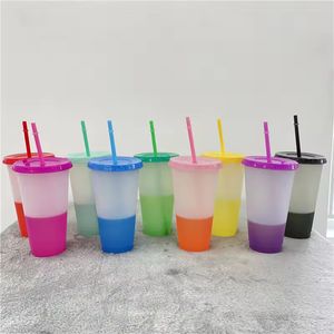 PP -Packung von 5 bpa kostenlos wiederverwendbar 710 ml 24oz Plastikfarbe Wechsel -Eiskalte -Getränke -Tasse mit Strohhalmen und Deckel für Fahrt kaltes Wassergetränk