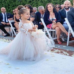 2020 Blush Flower Girl Dresses For Weddings Ball Gown Long Sleeves Tulle Lace Bow Long First Communion Dresses Little Girl 308H