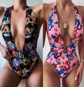 Deep V Dragon Swimsuits Projektant wyściełany push up Women039s Onepiece stroje kąpielowe na plaży Bandage Bandage Must Swimsuit1742884