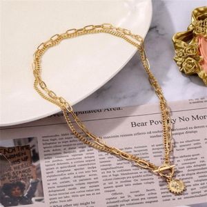 Mynt vintage snidad guldfärg för kvinnor medalj hänge halsband dubbel lager choker mode smycken tillbehör FJSC220b5577806
