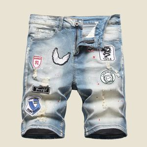 Mens Graffiti Ripped Summer Fashion Short Jeans Casual Slim Big Hole Retro Style Denim Shorts Male Clothes 240511