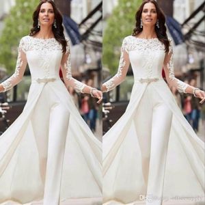 Eleganckie białe skose Pants Suknie ślubne z długim rękawem koronkowe satyny z dordsami koraliki kryształki mostowe sukienki vestidos de novia 324U