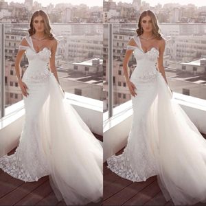 Plus Size White Lace Wedding Dresses Mermaid One Shoulder Backless Bridal Gowns With Tulle Train Beach Garden Vestido De Noiva 312m