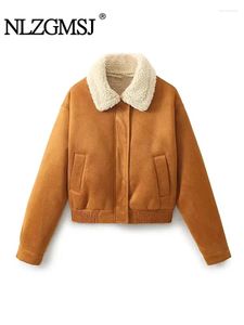 Women's Jackets Nlzgmsj Woman Brown Lapel Short Jacket Autumn Winter Vintage Double Face Female Casual Elastic Hem Coats