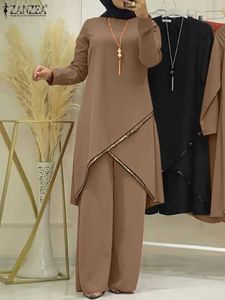 Roupas étnicas zanzea feminino de moda conjunta lantejoulas muçulmanas roupas islâmicas vintage blusa slve abaya traje urbano 2pcs t240510