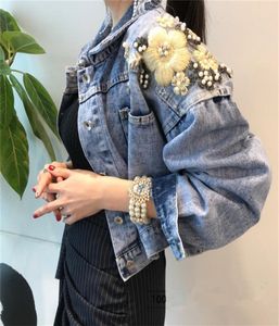 Джинсовая хлопчатобумажная куртка модная вышивка бусин в корейском стиле.