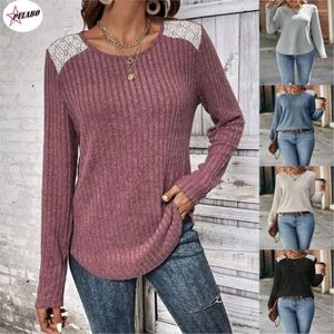 Women's T Shirts PULABO Fashion T-Shirt Autumn/Winter Round Neck Pit Stripe Brushed Lace Long Sleeve Top For Women Y2k Lady Tops