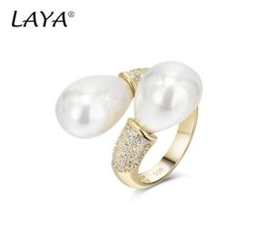 LAYA Fashion Adjustable Double Pearl With Side Stones Ring Women039s Engagement 925 Sterling Silver Party Anniversary Gift High4061330566
