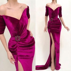 Velvet Mermaid Prom Dresses Off Shoulder Half Sleeves Pleats Side Split Evening Dress With Sash Beads Party robe de soiree 272M