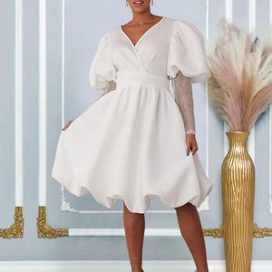 Casual Dresses Elegant Fashion 2024 Women's Clothes White V-Neck Mesh Puff Sleeve Banket Party Dress Bridesmaid Weddings Evening Midi