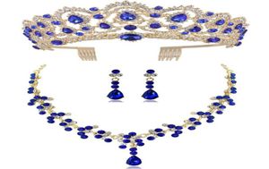 Diezi Nuovo rosso Verde Verde Blu Crown and Necklace Earring Gioielli set Tiara Rhinestone Set di gioielli da sposa Accessori9660755