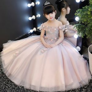 New Arrival Flower Princess Girl Dress Shoulderless Baptsim Pink Tulle Party Wedding Birthday Gown Kids Long Tutu Dresses 262p