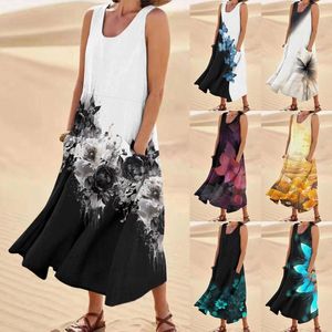 Casual Dresses Women Summer Maxi Dress Colorful Printed Sundress med Pocket Beach Vacation Sleeveless Clothes Vestido Feminino