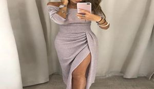 Seksowna sukienka na ramię jasne jedwabne sukienki Women039s Długie rękaw wysokim talia Vintage Bling Slit Bodycon sukienka new2842123