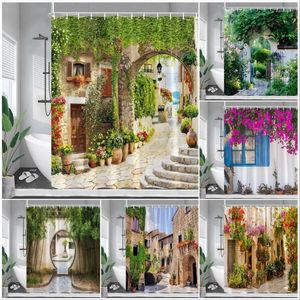 Dusch gardiner vintage italiensk stad gata landskap naturliga blommor vinstockar trädgård vägg hängande hem badrum gardin dekor
