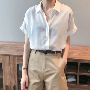 White Thin Button Blouse Summer Polo Neck Shoer Sleeve Solid Color Loose Office Shirt Tops Elegant Fashion Women Clothing 240429