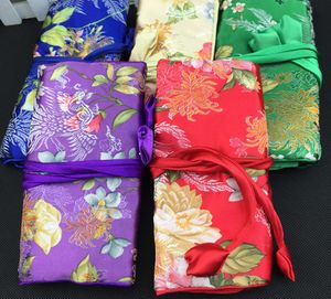 Flower Chinese Silk Brocade kosmetiska smycken Travel Roll Up Bag 3 dragkedja Pouch Drawstring Women Makeup Storage Bag3608169