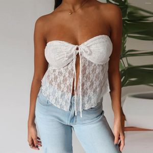 Women's Tanks Sexy Strapless Women Lace Tube Tops Off Shoulder Sleeveless Tank Top Cute Camis See Through Front Split Ruched Tie Up Crop