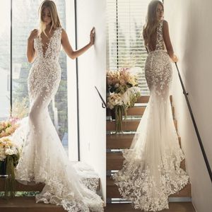 2021 New Wedding Dresses Sexy Deep V Neck Lace Beads Appliques Bridal Gowns Custom Made Backless Sweep Train Mermaid Wedding Dress 317f