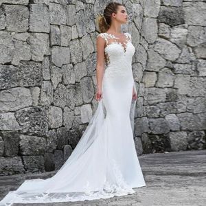 2023 Elegantes Satin Hochzeitskleid weiße Meerjungfraukleider für Frauen mit Spitze Plus Size Vestidos de Boho Kleider Strand Anbau Brautkleider 2425