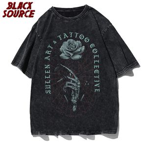 パンクハッションTシャツヒップホップローズスカルハンドプリントゴシックロックTシャツメンハラジュクヴィンテージカジュアルショートスリーブTシャツ240424