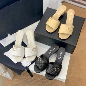 Channel heels sandals fashion New style Slippers sexy Stiletto Slide womans Genuine Leather High heel shoes Mule loafer Sliders summer sandale Women Dress shoe gift