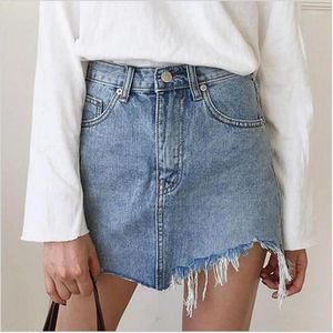 Kjolar 2024 Summer Pencil denim kjol med hög midja tvättade jeans kvinnor oregelbundna mini storlek bodycon