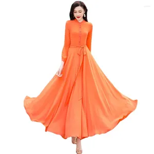 カジュアルドレスSD30高品質の女性夏オレンジ色の長袖シフォンマキシドレス