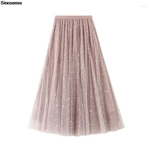 Skirts Womens Tutu Tulle Skirt Elastic High Waist A-Line -Length Layered Fairy Sequin Stars Puffy Midi Long Mesh