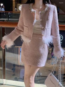 Work Dresses Korean Style Pink Autumn Spring Small Fragrance Coat Fur Half Skirt Jacket Short Set