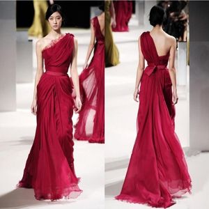 elie saab dresses Red Evening Celebrity Dresses Lace Applique One Shoulder Long Pleat Chiffon Sequins Runaway Prom Dress Arabic Formal 273T