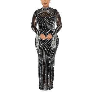 Kvinnor avslappnad maxi klänningar två bit sexig långärmad tassel mesh rhinestones bodycon party clubwear prom klänning klänning glittrande het borrning