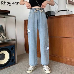 Women's Jeans Women Denim Washed Design Pockets Drawstring Ins BF Straight Ankle-length Distressed Girls Causal All-match Students