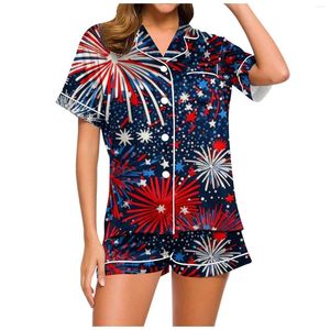 Roupas domésticas Independence Day Fireworks Freewey Sleepwear Shorts Pijama Casa Apresenta 2 Peças Definição de Manga Curta Botão Up Camisa