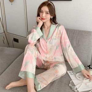 Home Clothing Faux Sleeve Sleepwear Pijamas Autumn Pyjamas Nightwear Pajamas Winter Satin Thin Lapel Pants Female Silk Women's Long