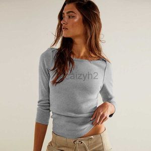 Women's T Shirt sexy Tees Long sleeved short with a straight neck decorative line, slim fit, sexy style, solid color top tops